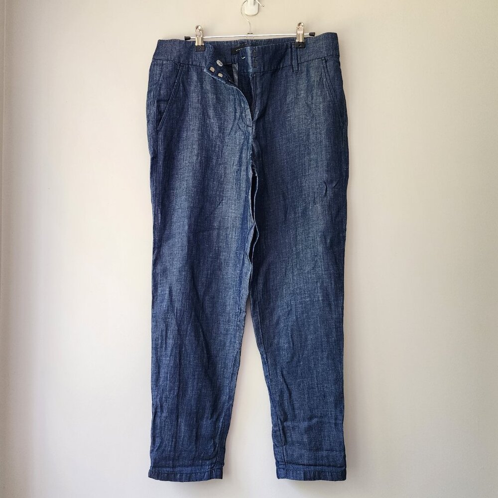 ANN TAYLOR Linen Blend Straight Leg Ankle Trousers | Size 6 | Blue Woven NEW